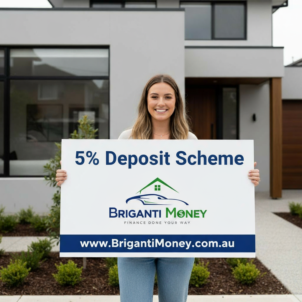 Illustration of a woman outside a home holding a Briganti Money sign