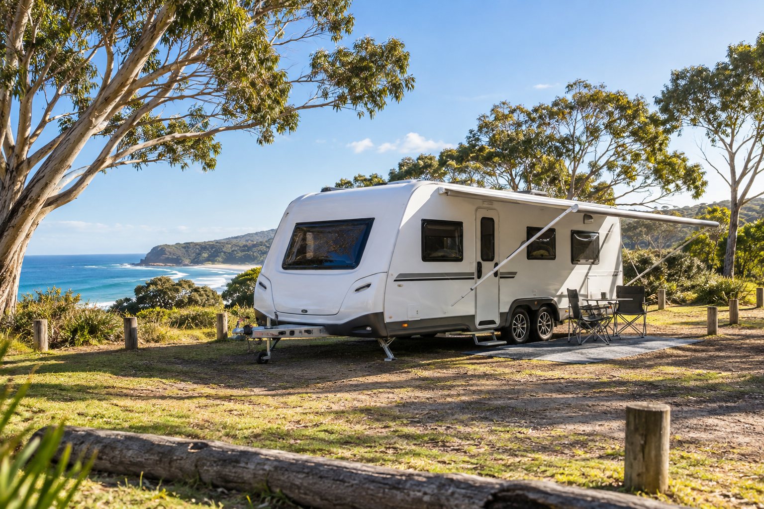 White touring caravan at an Australian coastal campsite