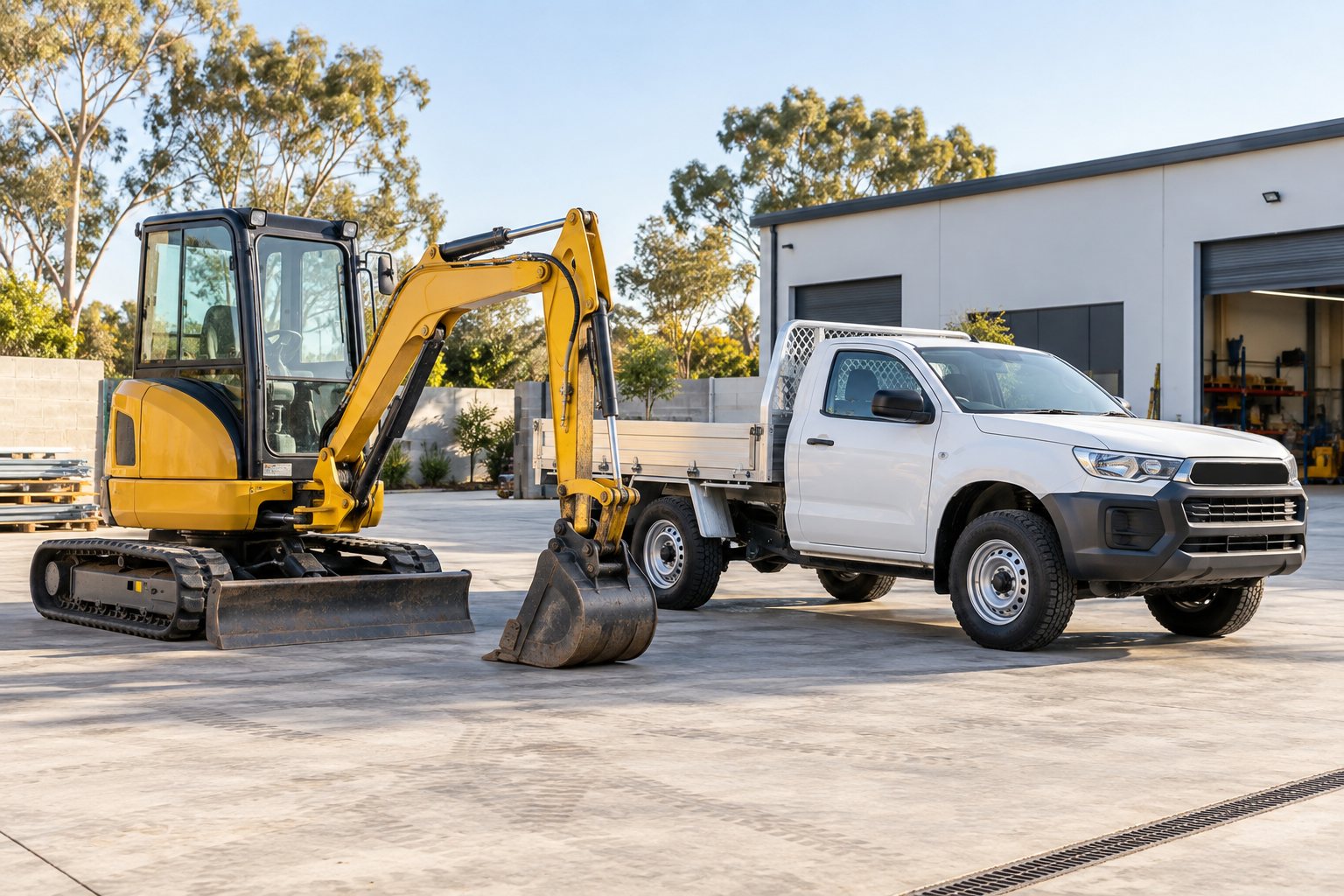 Compact excavator and work ute outside a workshop