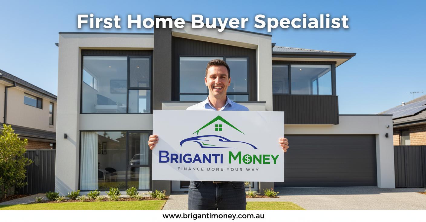 Illustration of a man outside a home holding a Briganti Money sign