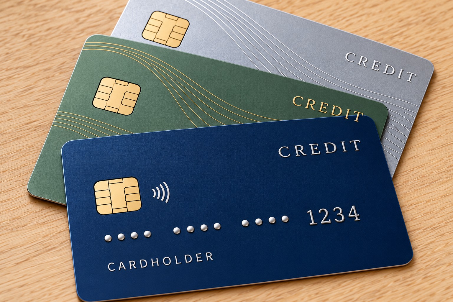 Three credit cards on a desk, representing debt consolidation
